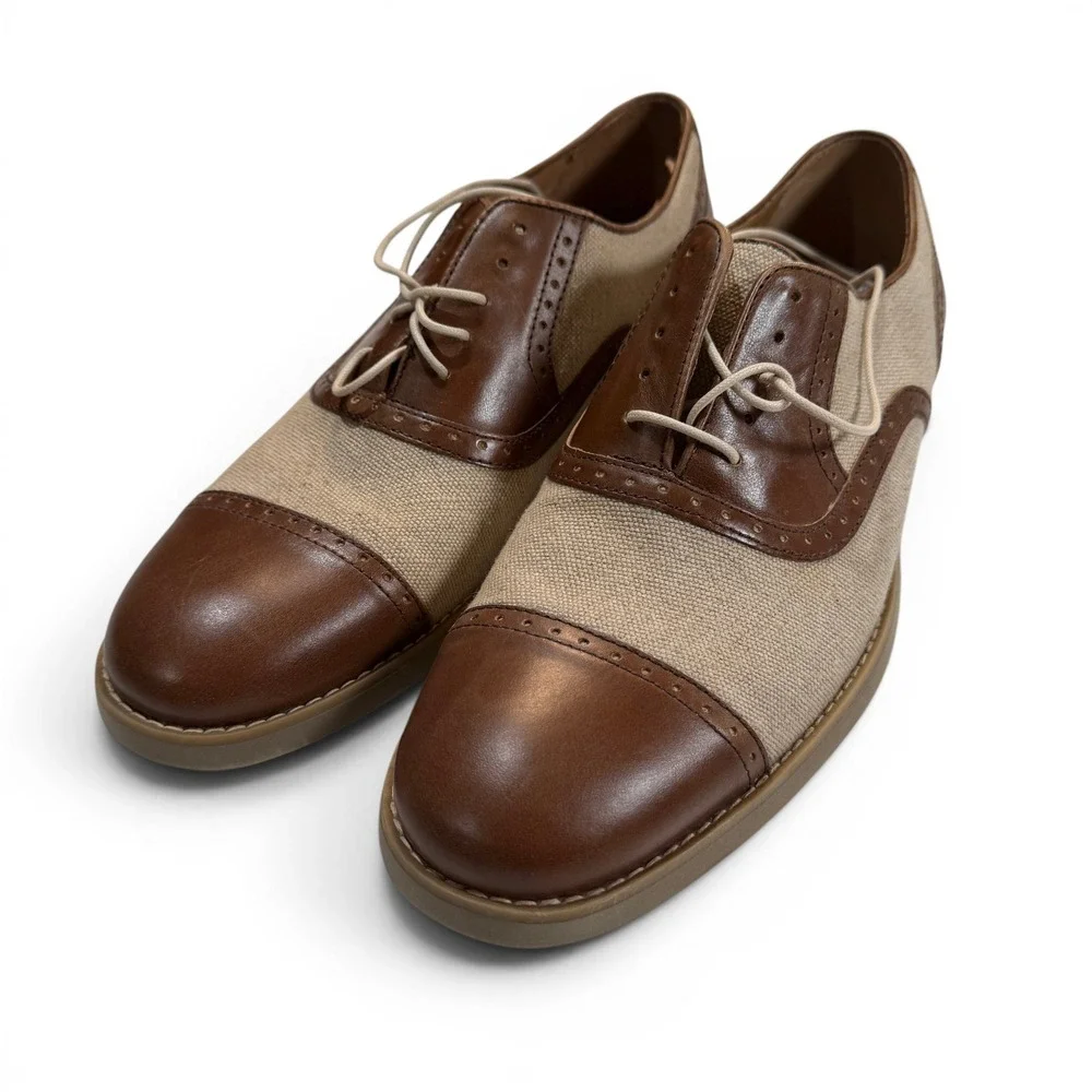 Johnston & Murphy Two Tone Cap Toe Oxford Shoes Men 9.5 M Tan Leather Canvas New